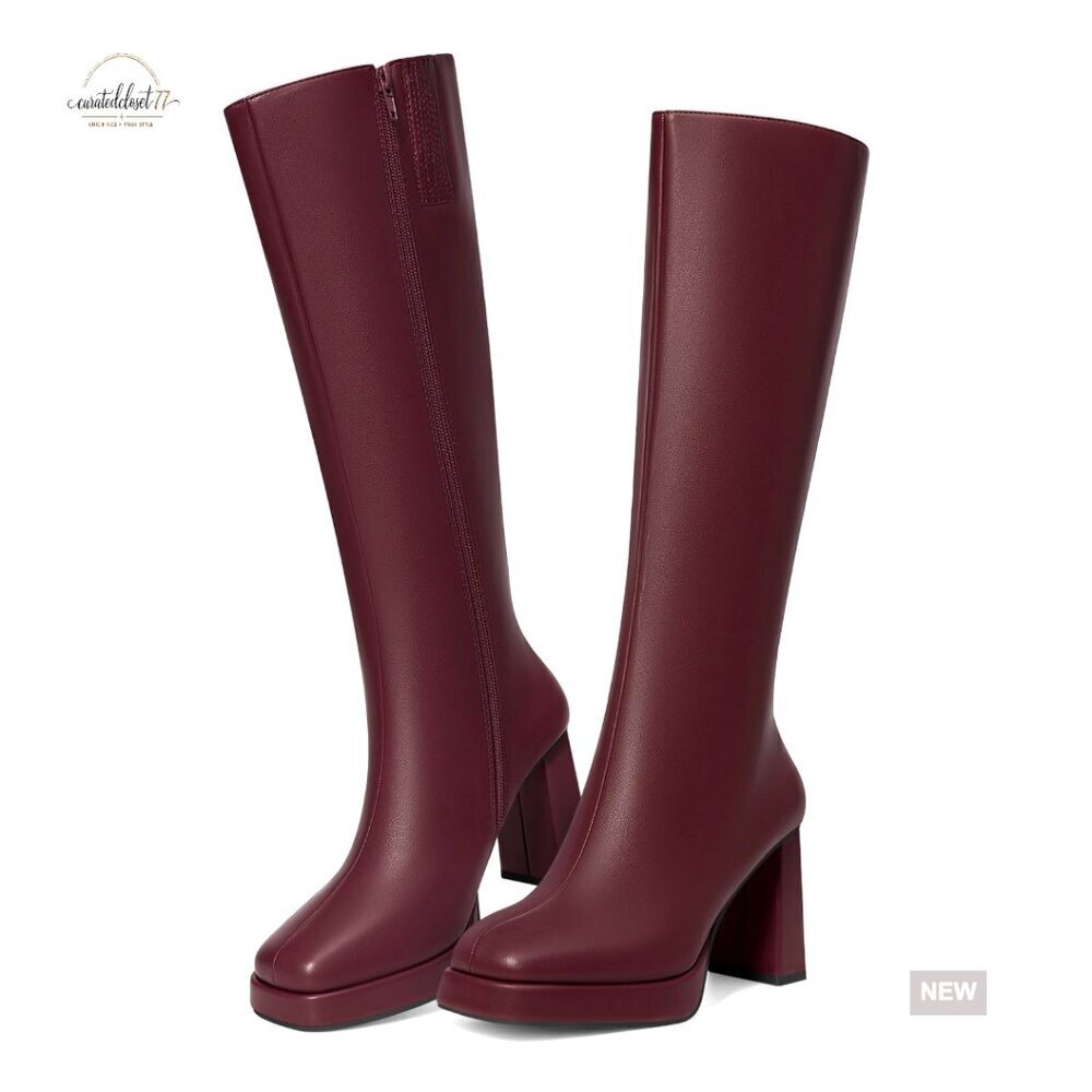 Knee High Platform Boots Chunky Heel Square Toe Side Zipper Faux Leather
